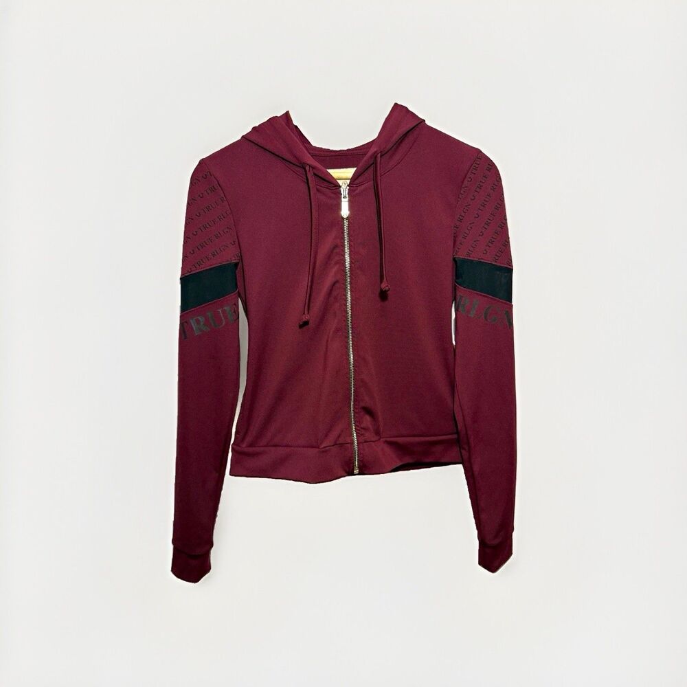 True Religion Monogram Full Zip Hoodie Womens S Burgundy Black Logo Spellout